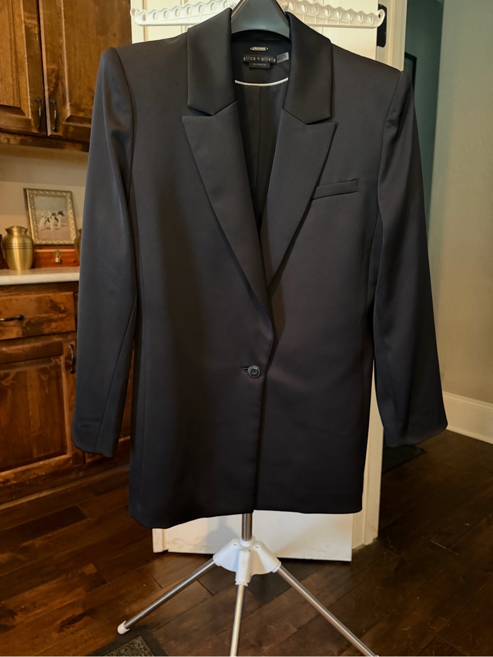 Alice + Olivia Black Satin-Trim Long Blazer